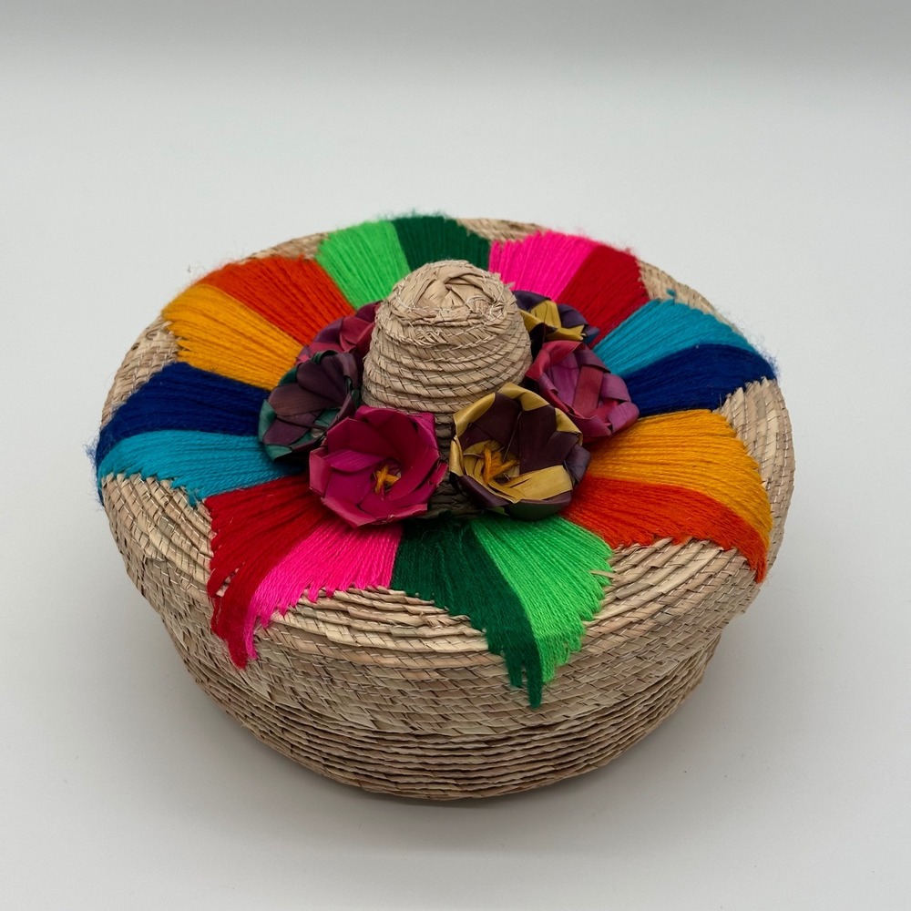 Woven Sombrero Basket Multi-Color Folk Art Boho Trinket Box Woven Keepsake